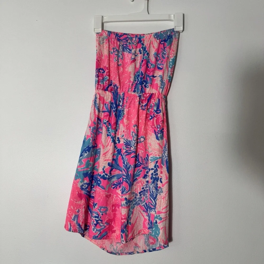 Lilly Pulitzer Strapless Dress Womens Xxs  Pink Blue Floral Pima Cotton Beach - Picture 3 of 9